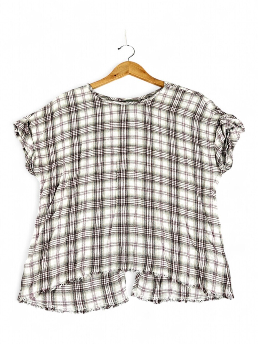 Cloth & Stone Plaid Button-Up Boxy Top L - Frayed Hem